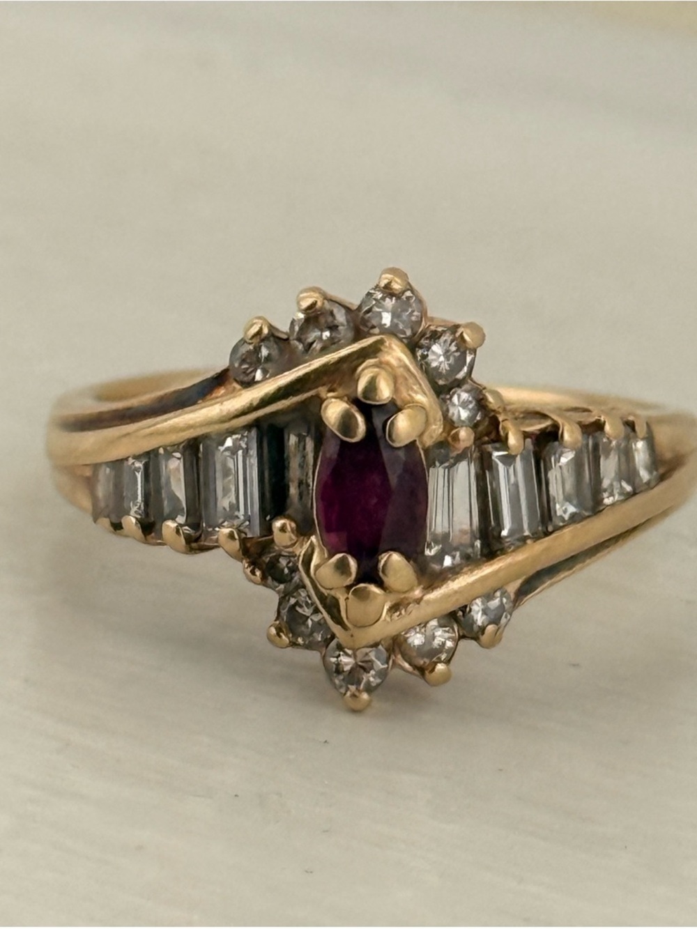Magic Glo 14K Ring with Marquise Pink-Red Ruby Diamond Accents